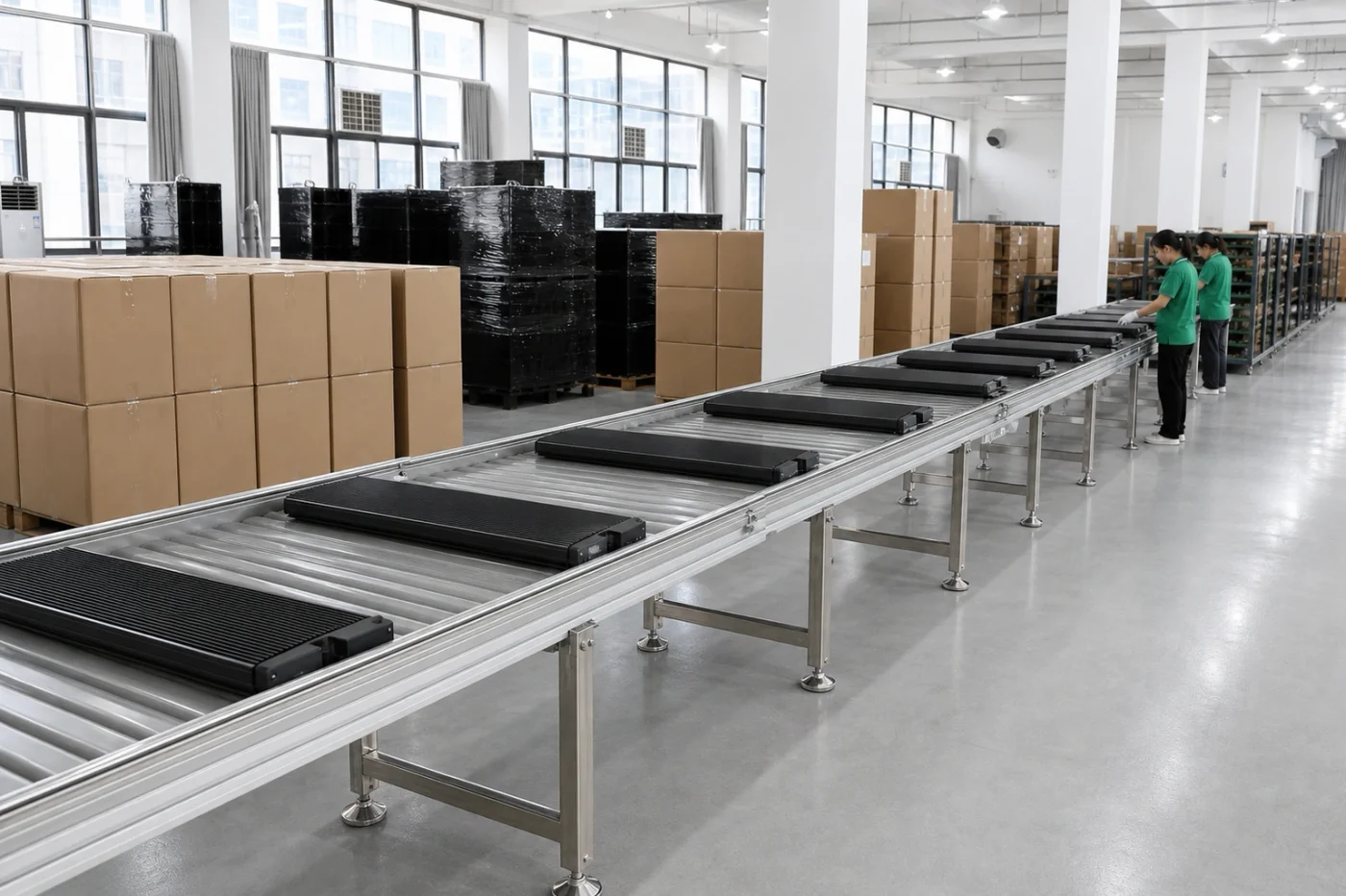 Black heating panels on the company’s production line